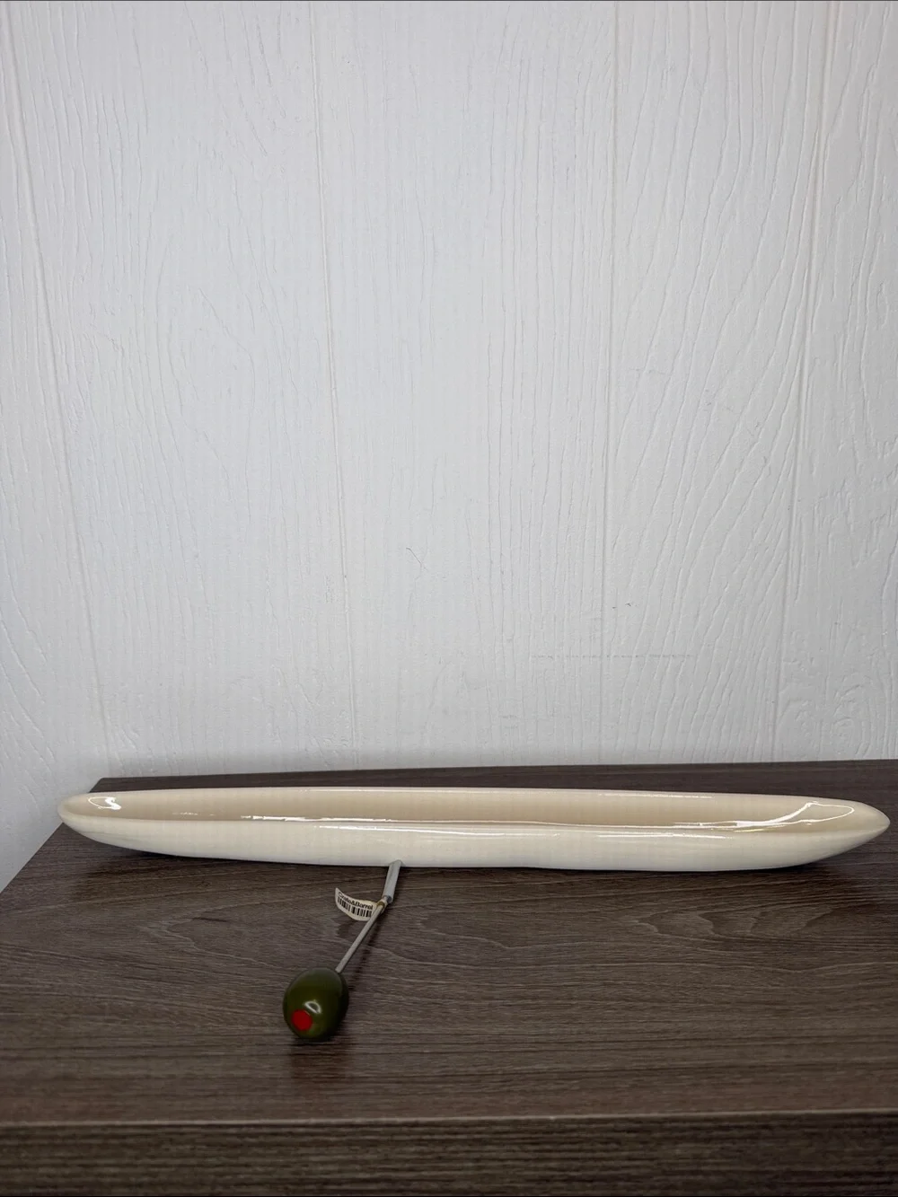 Crate and Barrel White Ceramic Olive Serving Tray and Olive Pick